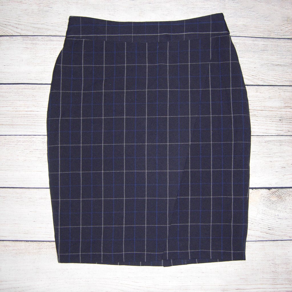Amanda + Chelsea Navy Window Pane Faux Wrap Pencil Skirt 4